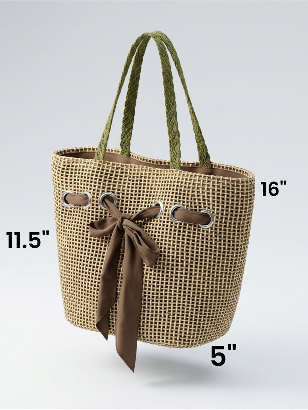 Woven Straw Tote with Olive Straps and Brown Bow / Bohemian bag / summer tote